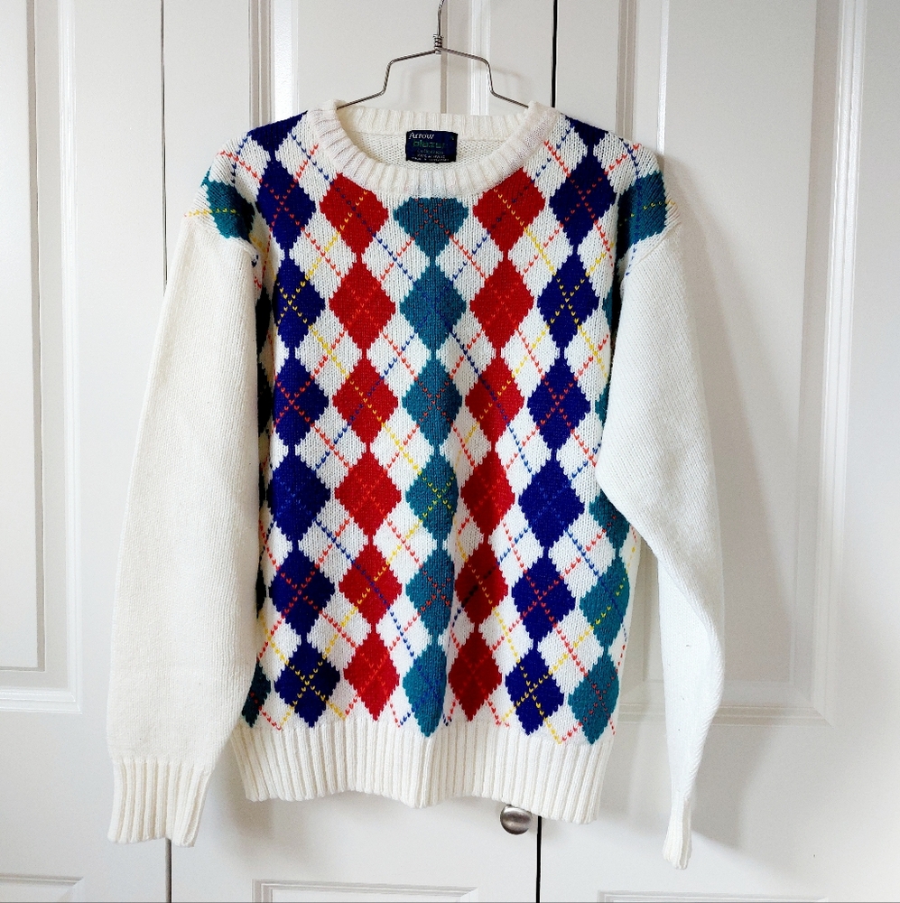 White & Teal, Red, Blue Jewel Tone Argyle Sweater Medium Arrow‎ Blazer Vintage